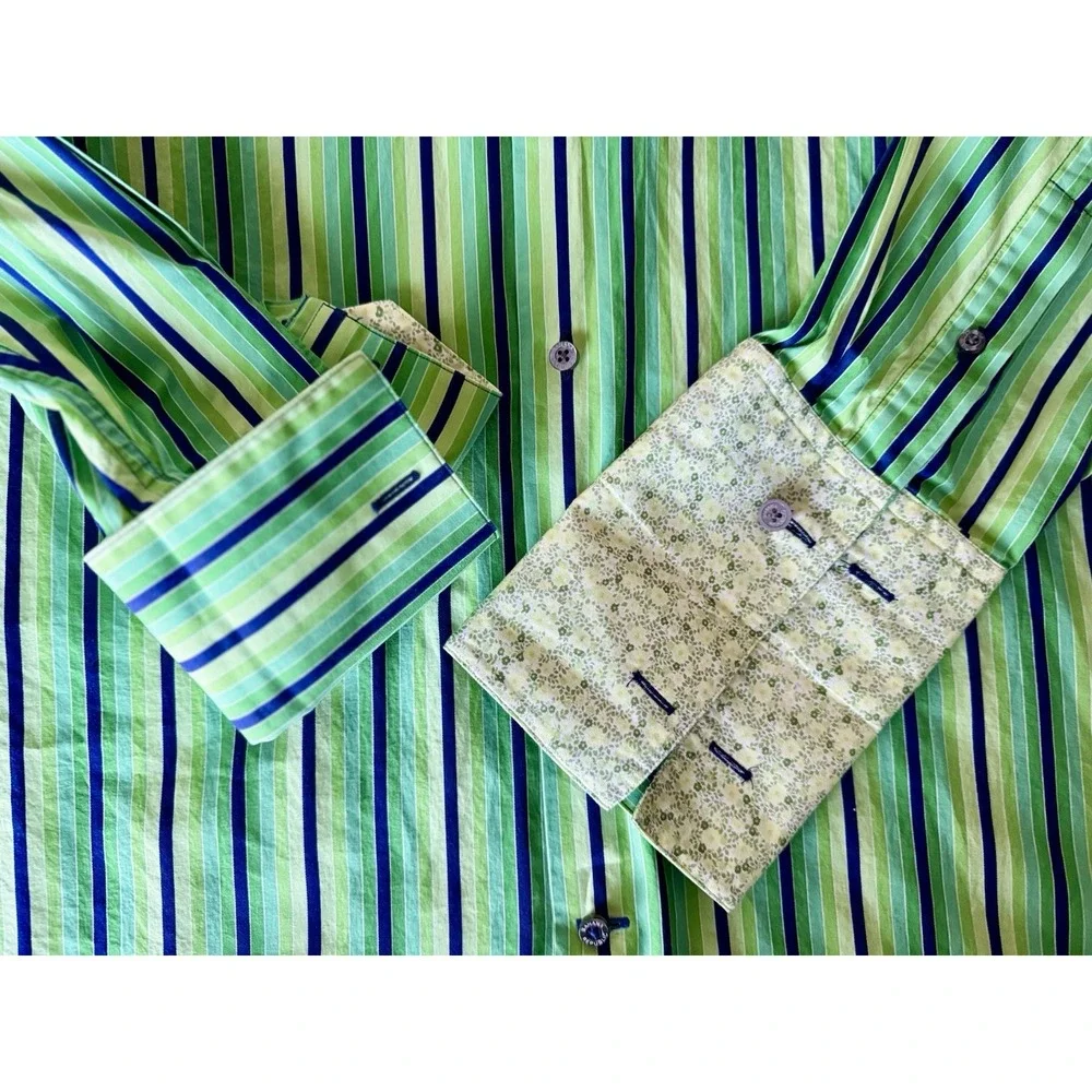 BANANA REPUBLIC MEN‎ DRESS SHIRT L 16-161/2 GREEN NAVY STRIPES FRENCH CUFF (B4)